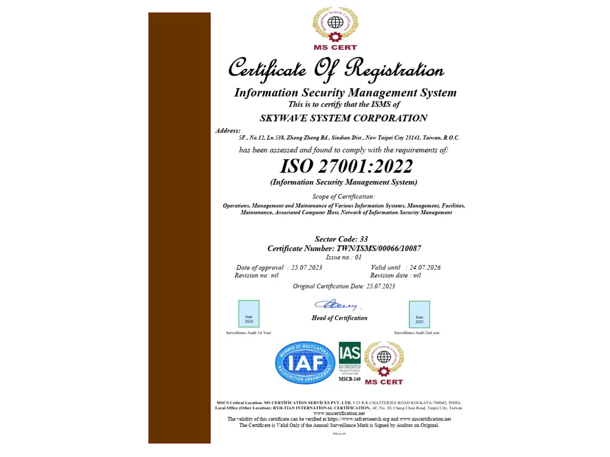 Skywave is ISO27001:2022 Information Security Management System Certified.